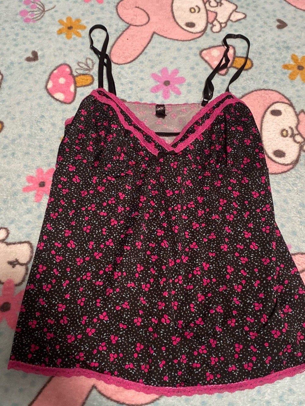 Black & Hot Pink Floral Lace-Trim Camisole